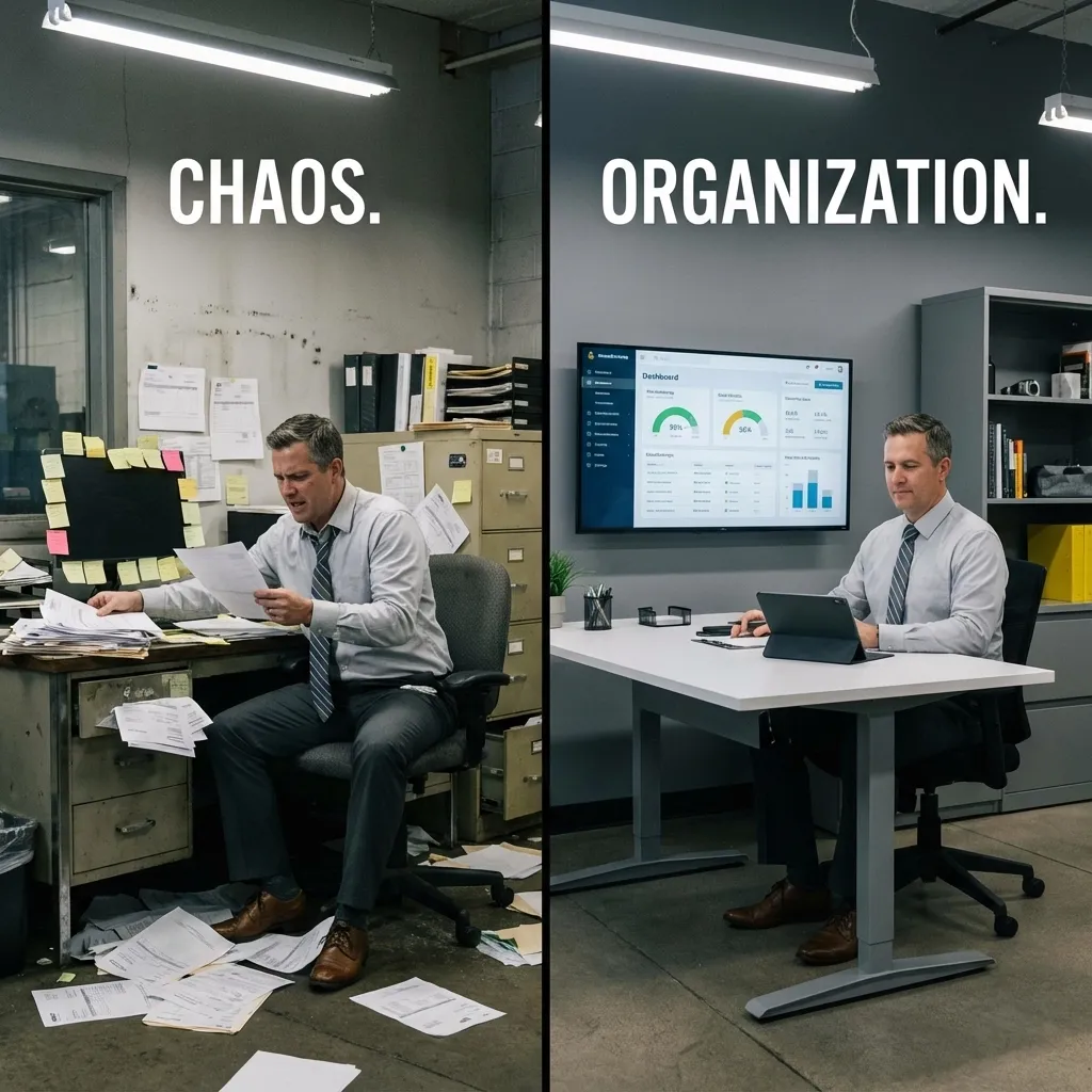 Split image: an owner buried in paper and sticky notes under the word CHAOS, and the same owner at a clean desk under the word ORGANIZATION