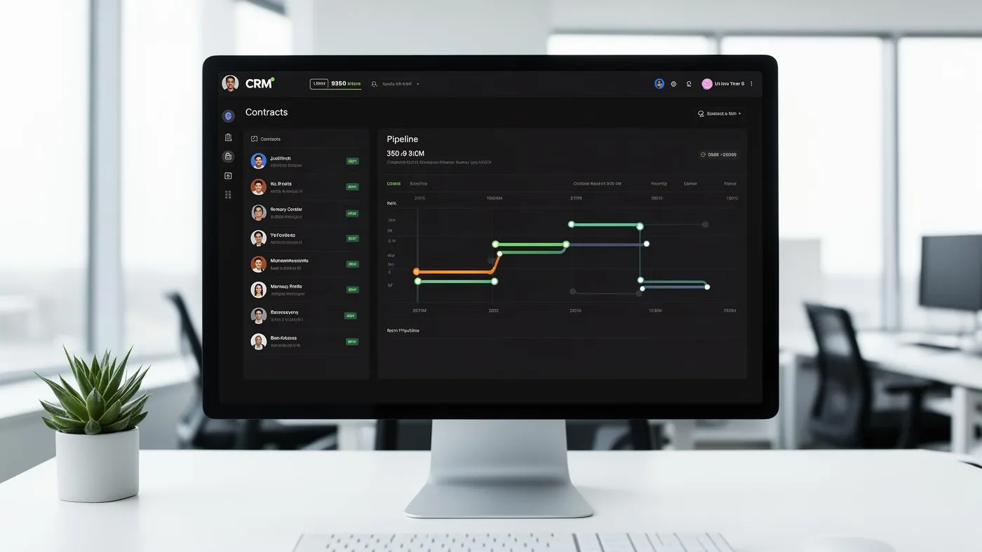 A CRM sales pipeline open on a desktop monitor in a bright office